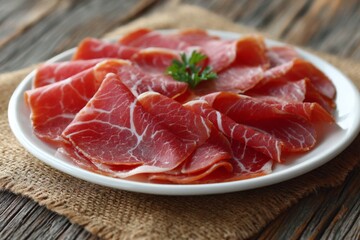 Sliced cured meat arranged on a white plate garnished with green parsley on a rustic wooden table