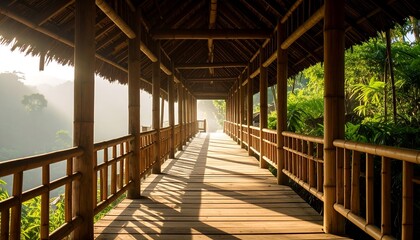 Walking on Wooden Pathway with Sunlight Through Tropical Forest