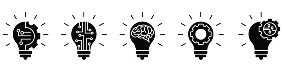 Set of minimal innovation icons with creative concepts like light bulb, gear, and brain integration. Ideal for digital marketing, tech, or strategy visuals.