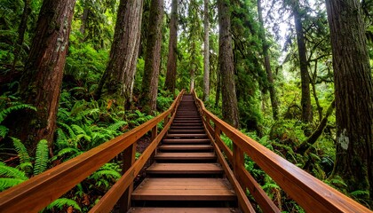 Fototapeta premium Walking on Wooden Steps Through a Lush Forest Path