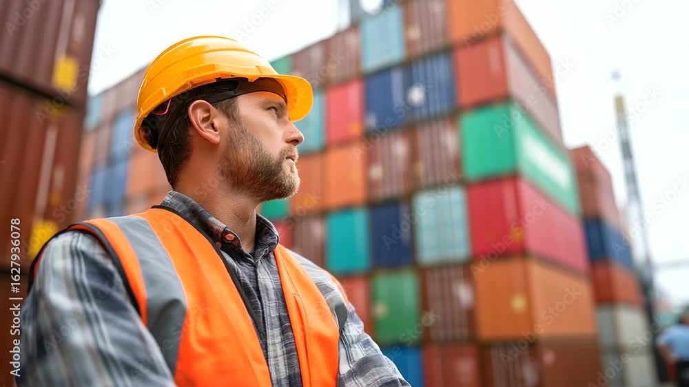 Poster yard foreman managing cargo containers using a radio communication device.