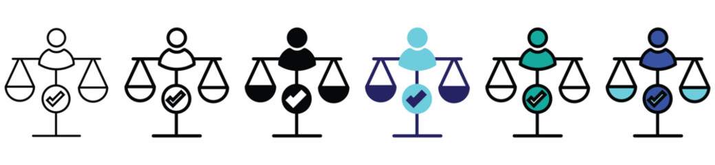 Justice and Balance Icon Set – Person with Scales and Checkmark Representing Fairness and Ethics Illustration