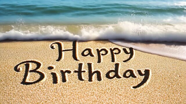 Happy birthday inscription on the beach with palm trees. Selective focus. Nature.