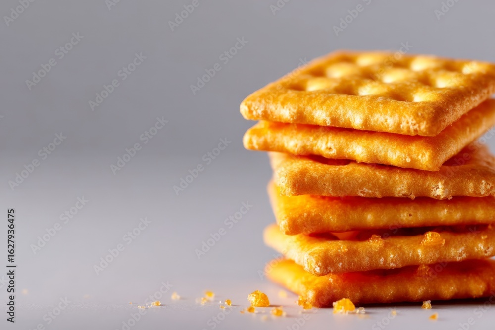 Poster crunchy golden crackers stacked neatly on a plain background showcasing their delicious texture and 