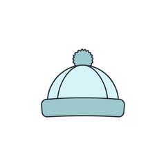 Illustration of a light blue winter hat with a pompom on top and a dark blue brim, isolated on a white background.