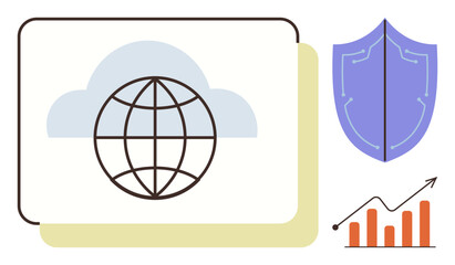 Globe in cloud, shield symbolizing cybersecurity, growth chart. Ideal for technology, security, internet safety, global solutions, data protection innovation business growth. Simple flat metaphor