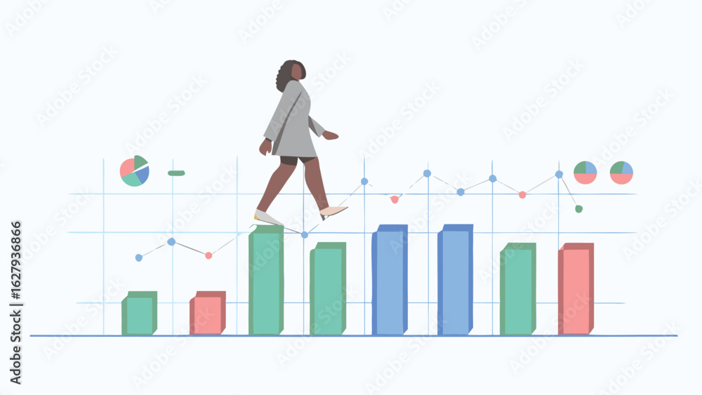 Poster woman walking across colorful bar graph with line graph and pie charts in the background illustratio