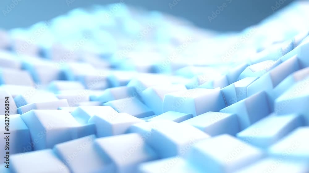 Poster a mesmerizing cascade of light blue cubes gracefully disintegrating into an endless abyss.