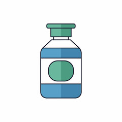 Simple illustration of a blue bottle with a green cap and label.