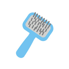 A light blue pet grooming brush with gray bristles, isolated on white.