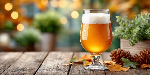 Glass of amber beer on rustic wood with autumn leaves and bokeh lights