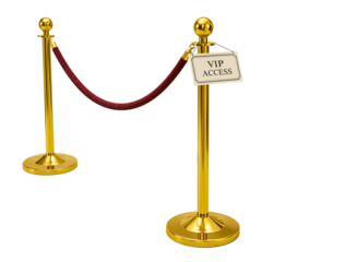 Golden stanchions with velvet rope and vip access sign isolated on transparent background
