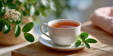 Steaming cup of tea with fresh greenery on wooden table in sunlight