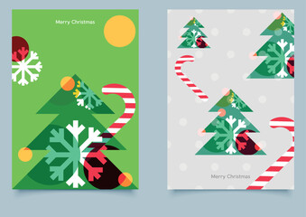 Modern Christmas Tree Vector Greeting Card with Candy Cane.  Perfect for holiday greetings, invitations, posters, and festive digital projects. Flat design with clean, bold, and cheerful elements.