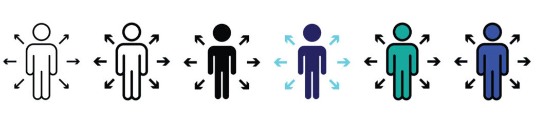 Influence and Reach Icon Set – Person with Outward Arrows Representing Impact and Expansion Illustration
