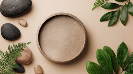 Earthy composition center bowl, leaves, and stones on a soft beige background