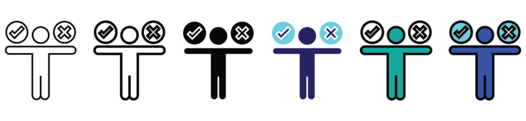 Decision Making Icon Set – Person with Check and Cross Symbols Representing Choice and Options
