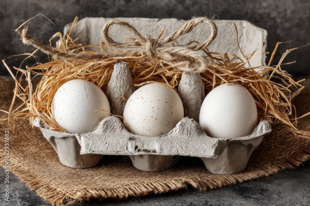 Poster freshly gathered eggs placed in a rustic carton with straw and burlap on a textured surface
