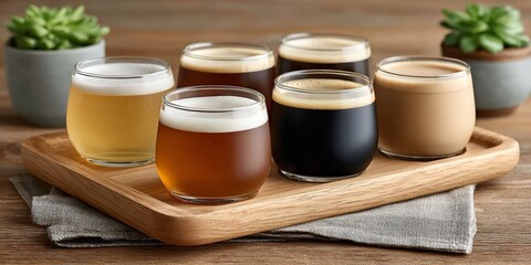 Variety of craft beers on wooden tray with succulents in background