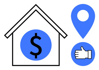 House outline with dollar sign suggesting property value, location pin, and hand gesture for approval. Ideal for real estate, investment, property sales, mortgages, location services, renting simple