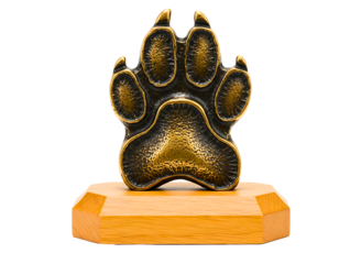 Bronze paw print trophy on wooden base isolated on transparent background