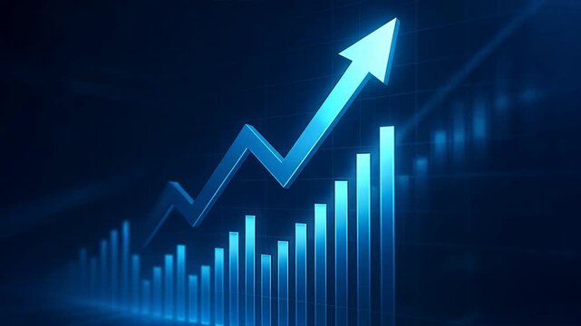 Blue glowing arrows and bars climb upward through and light effects, virtual charts, success arrow