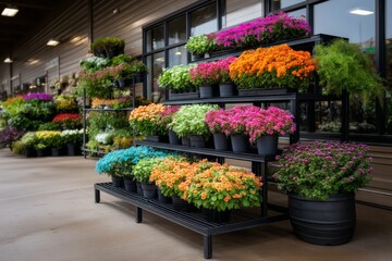 Vibrant flower display at a garden center showcasing colorful potted plants in various arrangements during the day