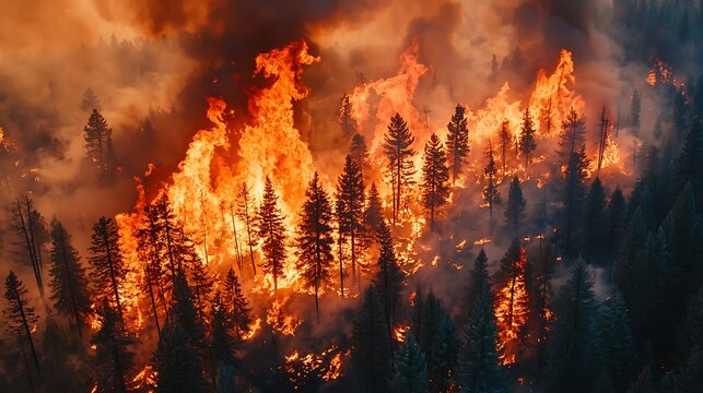 Aerial view of raging wildfire consuming forest
