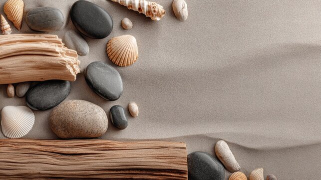 seashells and pebbles with driftwood on sand background