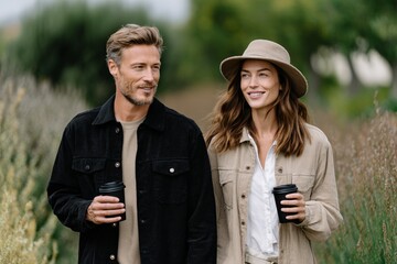 Caucasian young adults enjoying nature walk with coffee in stylish casual attire