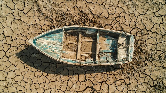 An abandoned boat rests on cracked, dry earth