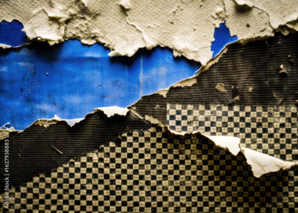 Aufkleber abstract torn poster texture background with blue and checkerboard pattern design style