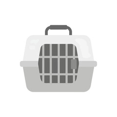 Simple illustration of a grey and white plastic pet carrier with a handle.