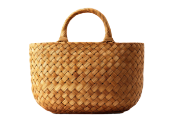 Small, light brown woven straw handbag with rounded bottom