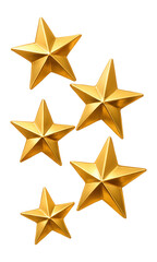 Five shiny golden stars arranged in a dynamic pattern on transparent background.