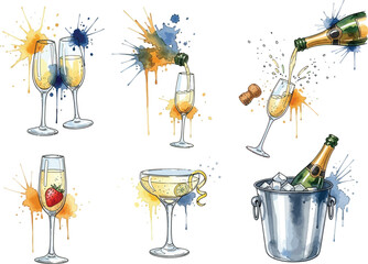Watercolor Champagne Celebration Illustrations
