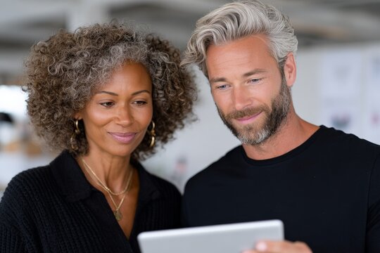 Mature caucasian male and african female reviewing digital content on tablet in modern setting