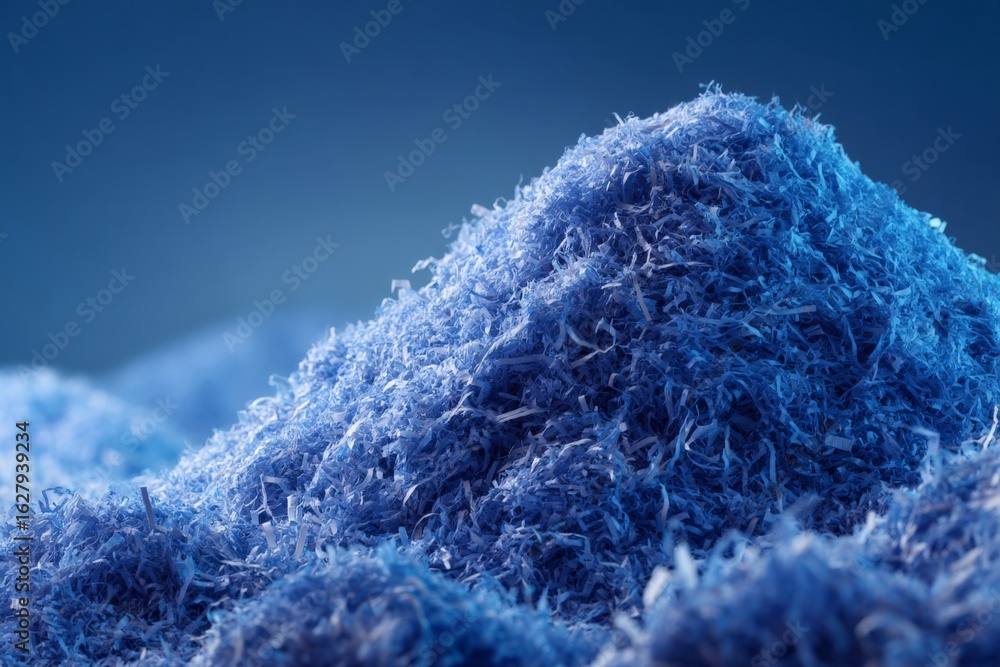 Poster blue shredded material is piled creating a textured surface in a well-lit studio setting