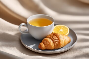 Morning tea with croissant and lemon slice on elegant plate