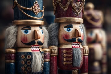 Colorful wooden nutcracker figures displayed in a festive holiday market during winter season