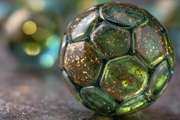 Fototapeta premium Decorative green ball with glitter on a textured surface in soft light creates an elegant and artistic atmosphere