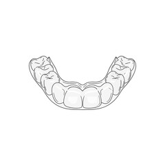 An illustration of a clear plastic dental aligner for the lower jaw, used for orthodontic treatment to straighten teeth.