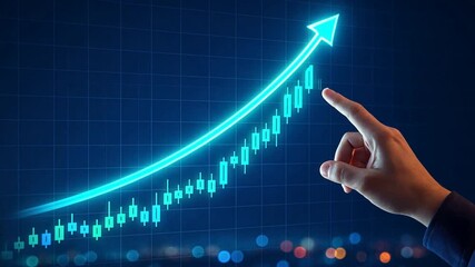 A hand reaches pointing toward glowing green blue line graph on digital screen, symbolizing innovation, virtual charts, success arrow, future finance - Powered by Adobe