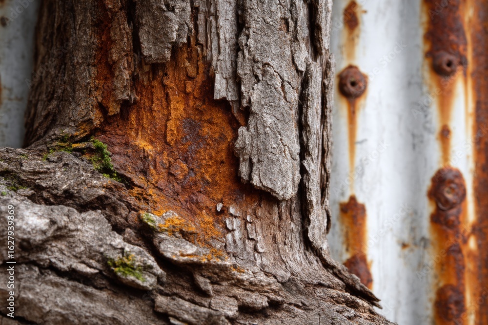 Poster detailed view of textured tree bark entwined with rusty metal in an abandoned setting during dayligh