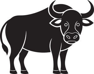 Fototapeta premium Silhouette of a powerful black bull with large curved horns standing stoically representing strength and wild nature in a simple bold graphic style