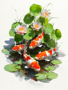 Carpe Koi e ninfee in uno stagno: Illustrazione a acquerello
