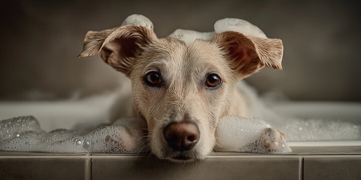 Wet dog enjoying relaxing bubble bath with foam on ears - Powered by Adobe
