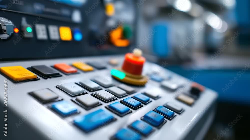 Poster close-up view of a cnc machine control panel showcasing buttons and indicator lights.