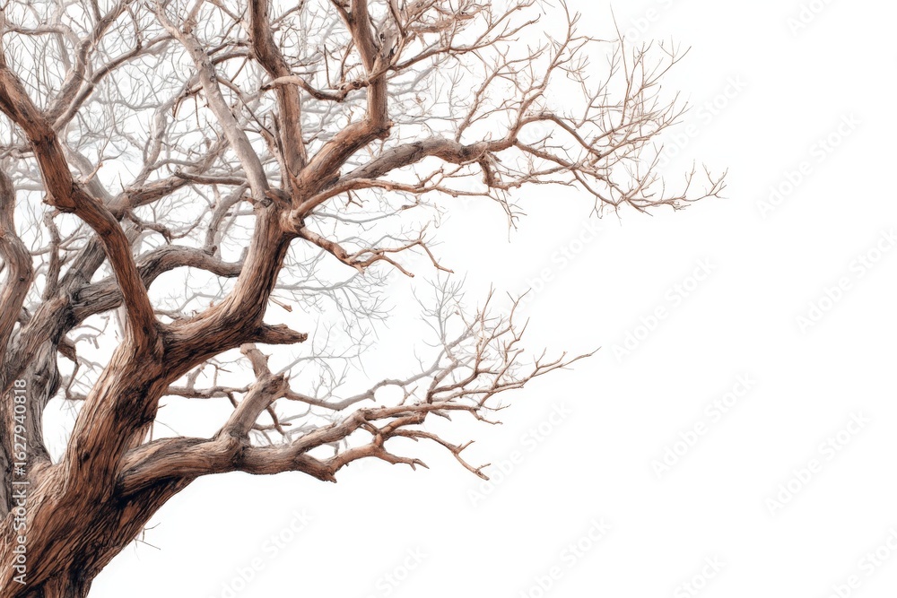 Poster unique bare tree with intricate branches against a white background in a minimalist setting