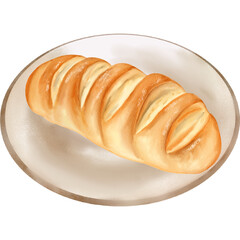 Watercolor Illustration of French Bread on Plate